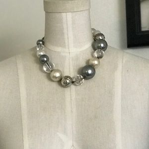 Beaded Necklace Large White and Silver Beads